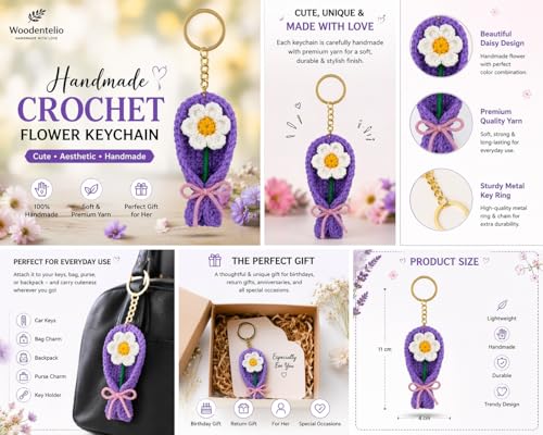 Image of Handmade Crochet Rose Flower Keychain for Women & Girls, Cute Red Flower Key Ring, Soft Yarn Knitted Charm, Romantic Gift, Bag Accessory, Car Key Holder, Aesthetic Handmade Gift