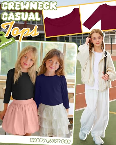 Image of 4 Pack Girls 3 /4 Sleeve T Shirts Kids Crewneck Elbow Sleeve Casual Tops Solid Basic Cute Teen Tees 5-14Y