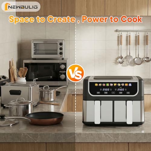 Image of NEWBULIG Dual Air Fryer with 2 Baskets 9.5 QT, 10 in 1 Large Air Fryers | Ceramic Crisper Plate, Match Cook, Sync Finish, Shake Reminder, 80-450F Wide Temp, Roast, Defrost, Dehydrate, Bake, Black