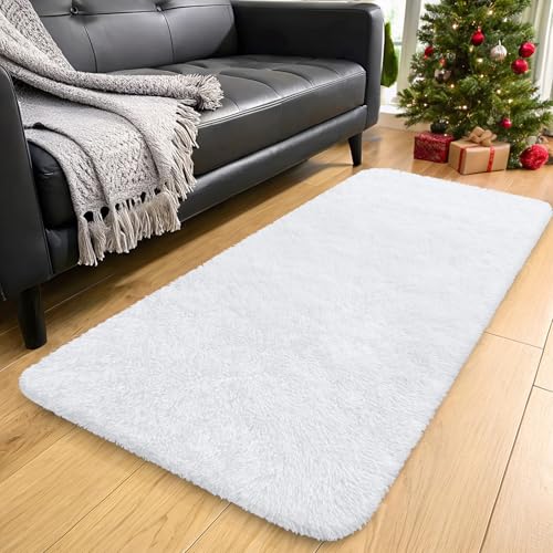 OLANLY 2x5 Machine Washable Runner Rugs for Hallway, Soft Fluffy Shaggy Bedside Rugs for Bedroom, Living Room, Indoor Floor Carpet for Kids Girls and Boys, Nursery Rooms, Home Decor Aesthetic, White