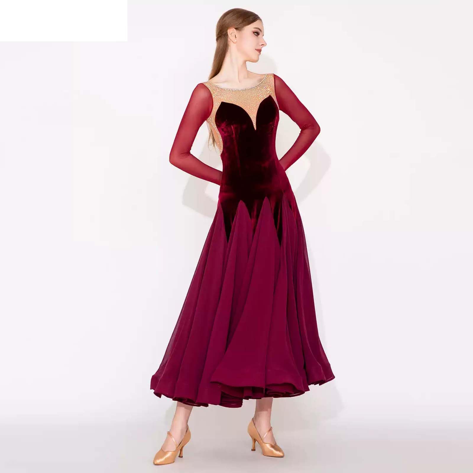 purpleq Damen Standard Tanzkleid, Langarm Walzer Kleid, Samt und Chiffon, Elegantes Performance Kleid für Standard, Latein, Tango, Salsa, Turniertanz, Rot