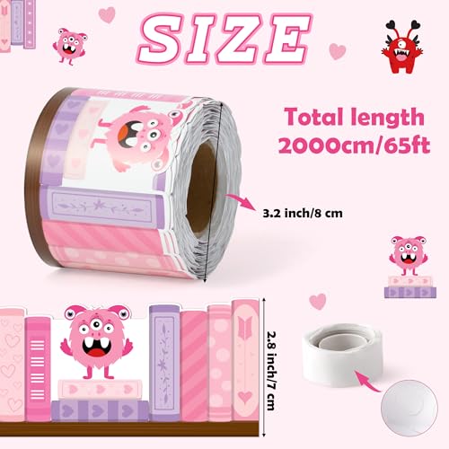 Image of BeYumi Monster Bookshelf Border Trim - 65ft Back to School Monster Pink Books Rolled Border Trim Fun Monsters Pink Bookshelf Bulletin Board Set Library Classroom Office Chalkboard Party Decoration