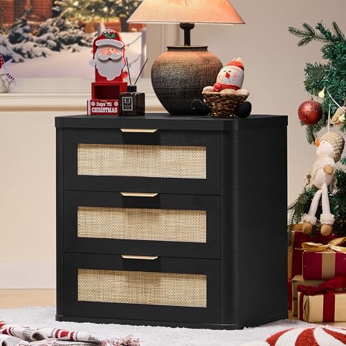 LEYAOYAO Rattan 23" Nightstands with Drawers for Bedroom | Gold Metal Handle, Storage Shelf, Black Night Stand, Boho Bedside Table, Bed Side End Tables Living Room, Hallway
