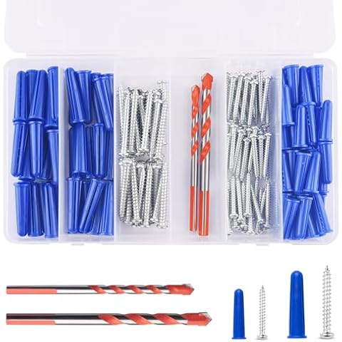 Concrete Wall Anchors and Screws Assortment Kit,100PCs Masonry Anchors and100 Concrete Screws in Two Size with 2 Drill Bits, 8 and #10 Wall Anchors and Screws for Concrete Stucco Masonry Brick Wall Cover