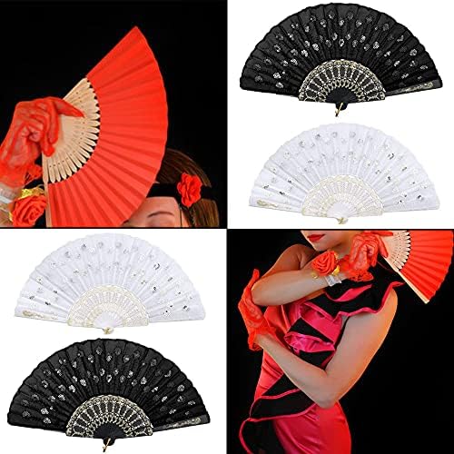 2 Pieces Peacock Pattern Sequin Fabric Hand Fan Black and White Lace Folding Fan Design Folding Hand Fans for Wall Decoration Gifts Weddings The Dance Floor
