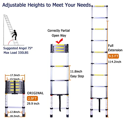 Terokota Collapsible Telescoping Ladders, 9.5Ft Telescopic Extension Ladder Aluminum Retractable Folding Ladders For Home, Rv, 330Lb Capacity #TOP1