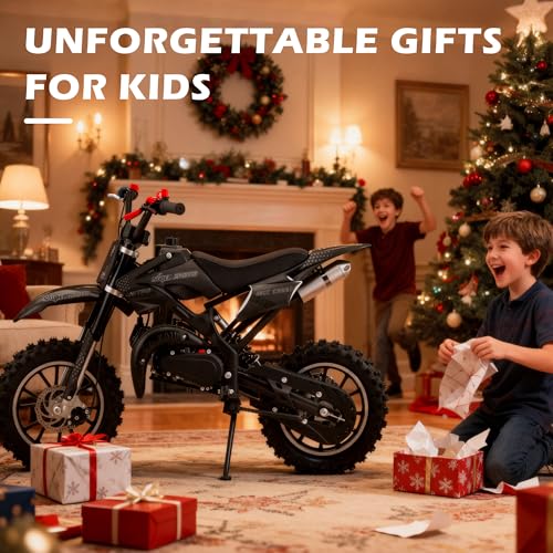 Image of Kids 50cc Dirt Bike,2-Stroke Gas Mini Bike,Black,2026 Upgraded | Kids Dirt Bike for 8-14 with Front Rear Disc Brakes,10In Off-Road Tires,Shock Absorption,Seat Height 23.6in,Max Speed 40Mph