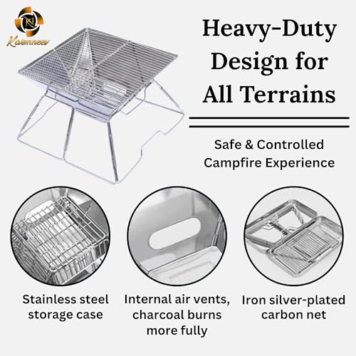 KARMNEEV Folding Campfire Grill Stainless Steel Grate Barbeque Portable Camping with Legs for Picnics Backpacking Outdoor with Carrying Bag and Kitchen Tongs