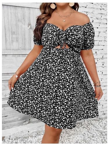 Image of SOLY HUX Women's Plus Size Summer Dresses Off Shoulder Floral Print Short Sleeve Cut Out Tie Front A Line Short Dresses