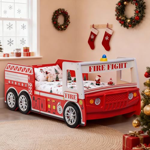 YWUFUART Bed Frames for Kids Fire Truck-Shaped Wooden Platform Bed Frame with LED Lights, Bed Platform with Wood Slat Support, Twin Size Chidren Bed Frame of Car Design,Fits Standard Twin Mattres(Red)