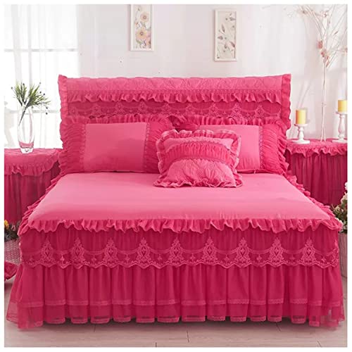 Falda de cama de encaje plisada para ocultar el somier con estilo rosa king 2