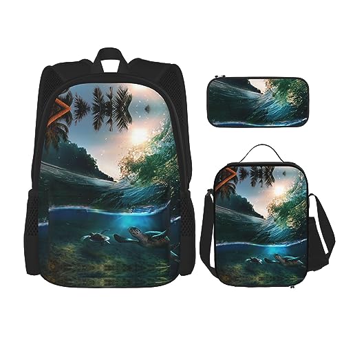 Set da 3 pezzi zaino e regolabile borsa termica per il pranzo e astuccio per matite Palme e tartarughe marine subacquee taglia unica leggero