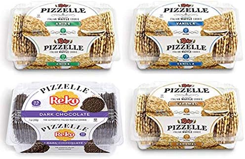 RekoPizzelle Authentic Italian Style Waffle Cookie Sampler: 1 Pack Each Anise, Dark Chocolate, Dulce de Leche, Vanilla