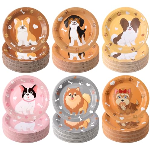 Image of Funnymoom 60 Pcs 7 Inch Dog Birthday Party Paper Plates Cute Puppy Themed Disposable Dessert Cake Plates Tableware Pet Paw Party Decorations Cartoon Animal Birthday Baby Shower Supplies Favors
