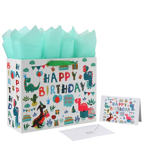 Qirrmiy 13 Large White Gift Bag Set with Greeting Card and Tissue Paper (Green Dinosaur Design and Happy Birthday) for 1st Birthday 2 Year Old Boys Girls Kids Party Baby