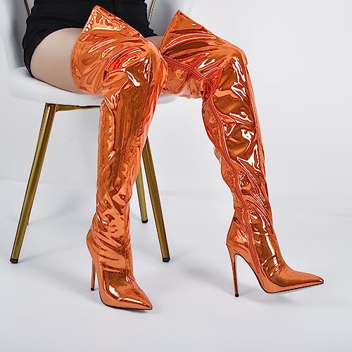 richealnini Metallic Thigh High Boots with Side Zipper Sexy Closed Pointed Toe Stiletto Heels Biker Motorcycle Boots Wedding Party Dress3