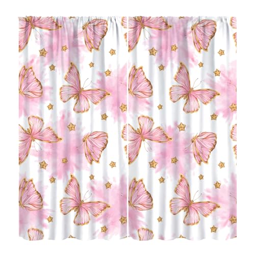 KANEPE Butterfly Curtains for Girls, Watercolor Pink Gold Butterflies Pattern Window Treatments, Rod Pocket Thermal Insulated Drapes 2 Panel Sets for Bedroom Living Room Nursery, 42