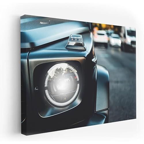 Poster Black Mercedes G Wagon Headlights Close Up Canvas Print Wall Art [Canvas Framed 24x16 inch]