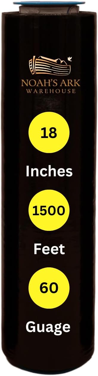 Noah's Ark Warehouse 18" x 1500FT Industrial Class Pallet Wrap, 60 Gauge 4 Rolls Black Stretch Film for Warehouse Packing, Adhering Packing Moving Packaging (4 Pack)