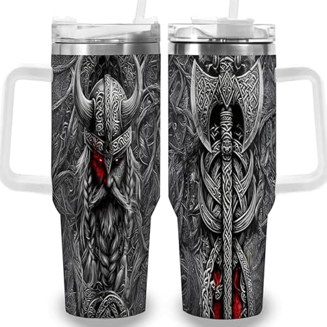1pc 40oz Viking Warrior and Axe Engraved Tumbler with Lid, Insulated Travel Mug, Gift for Women Men, Ideal for Halloween, Independence Day, Memorial Birthday Gift, Coffee Cup, weird stuff