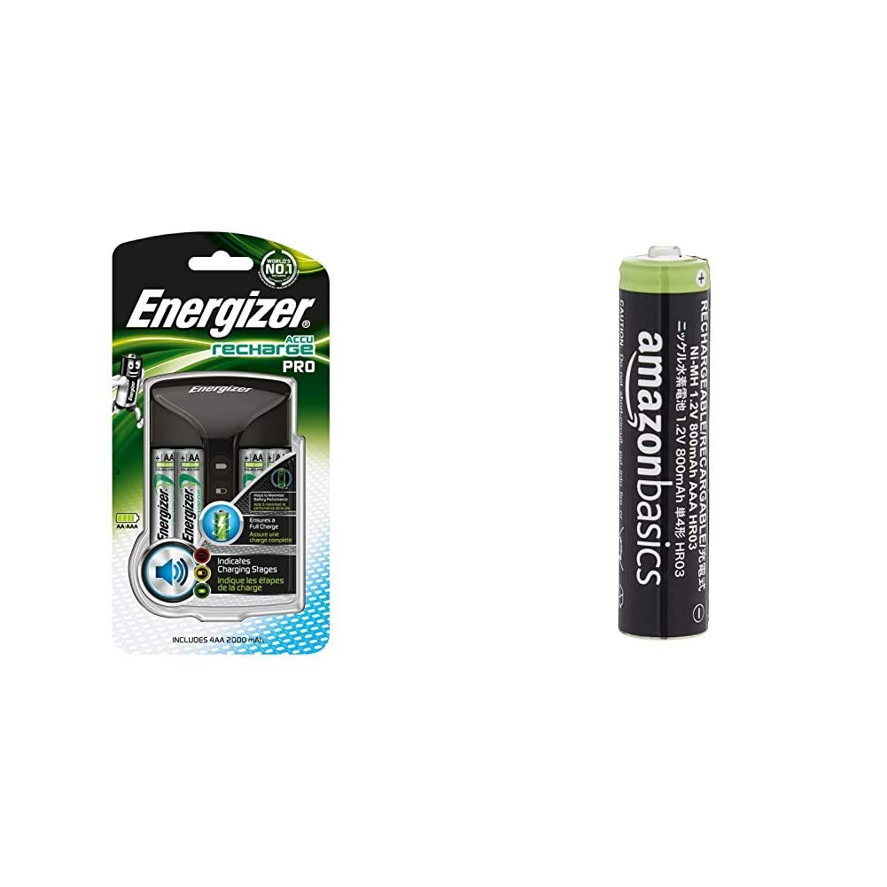 Energizer Chargeur Piles Rechargeables, pour AA et AAA Piles (4 Piles AA Incluses) & Amazon Basics Piles Rechargeables AAA (Lot de 16) 800 mAh pré-chargées