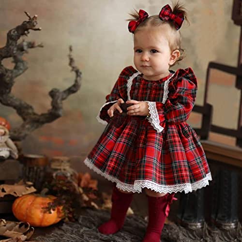 Vestido infantil de Natal para meninas de 6 meses a 4 anos, vestido de princesa xadrez de renda e ma