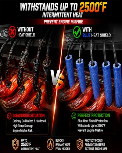 Image of Spark Plug Wire Boots Cover - 8 PCS 2500 Spark Plug Heat Sleeve, 6 Inches Spark Plug Wire Heat Shield Protector Protection Replacement for LS1 / LS2 SBC BBC 350 454 Car Truck, Blue