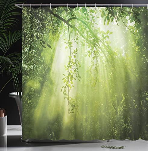 ABAKUHAUS Forest Shower Curtain, Rays of Sun Deep Dark in the Forest in Foliage with Effects Scenic Image Print - Image 3