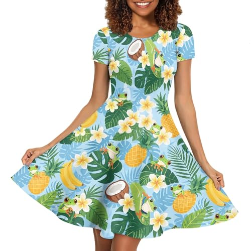 Image of Forchrinse Frog Dresses for Women Plus Size Hawaiian Monstera Crewncek Midi Dress Casual Short Sleeve A Line Dress Summer Beach Sundress Size S-4XL