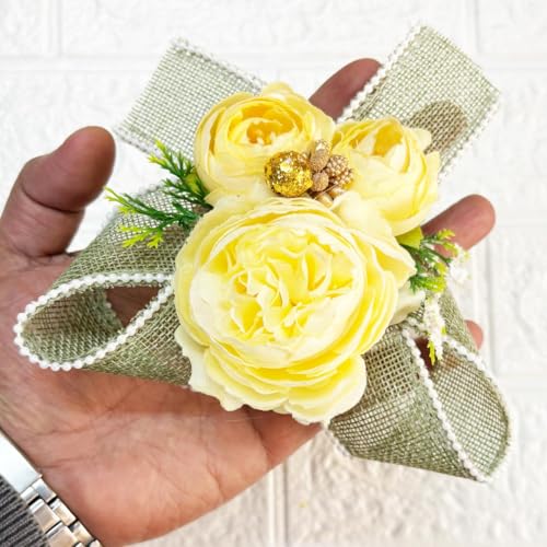 Image of ADIKALA Handmade Artificial Big Peonies 3 Flower Bunch for Trousseau Packing, Ready to use Flower Brooch Hamper for Decoration, Gift Wrapping Flowers (12, Light Yellow)