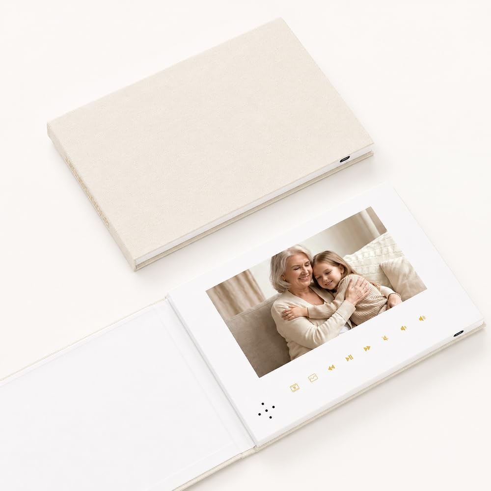 Livre photo et vidéo en lin de luxe, écran IPS de 7", mémoire de 4 Go, batterie rechargeable, jusqu'à 3 heures de stockage vidéo HD, parfait pour les mariages, anniversaires, anniversaires de