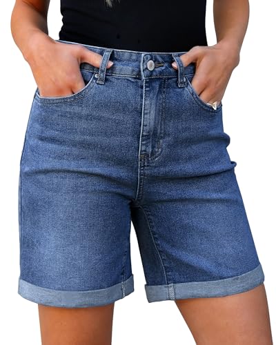 Utyful Jean Shorts for Women Long High Waisted Cute Womens Denim Shorts Mid Thigh Jorts Classic Blue Medium Fits US Size 8 to 10