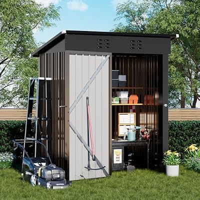 COMHOMA 5x3FT Shed Outdoor Storage Shed Metal,Lockable Door Tool Sheds with Sloping Roof,Steel Garden Shed with Air Vent for Backyard,Patio,Lawn,Poolside(Brown)