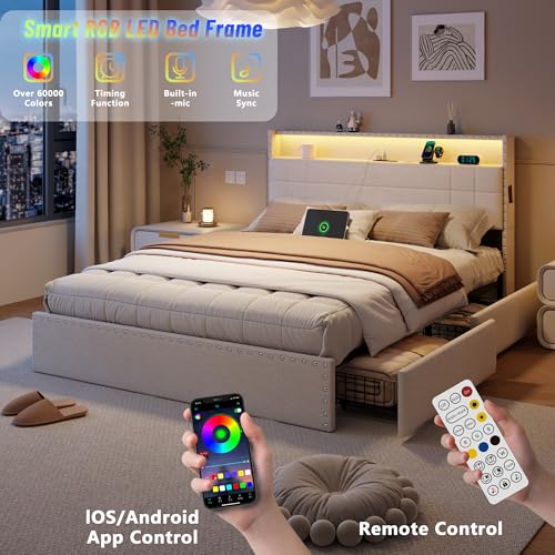 Forestell-Queen-Bed-Frame-with-Headboard-Upholstered-Platform-Bed-with-4-Storage-Drawers-Built-in-LED-Lights-Charging-Station-Metal-Slats-Support-No-Box-Spring-Needed-Beige-Cama-Queen-Size