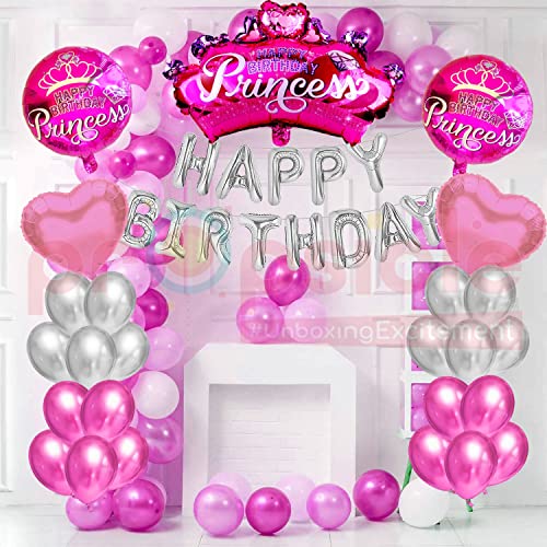 Image of Propsicle Happy Birthday Pink Princess Theme Foil Crown Balloon Bouquet With Silver Happy Birthday Letter Balloon & Pink | Silver Metallic Balloon - Pack of 52