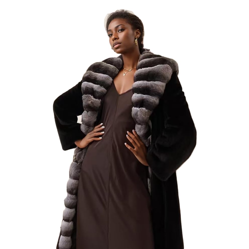 Shaggy Faux Fur Striped Collar Elegan Long Length Black Women's Fashion Coat