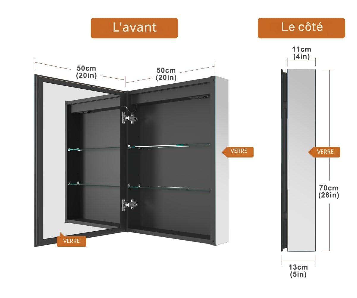 GANPE Armoire à Miroir de médecine de Salle de Bains éclairée par LED avec Prise et USB, Gradation antibuée et réglage de la Couleur, Armoire en Aluminium résistant à la Rouille(50 x 70 cm)