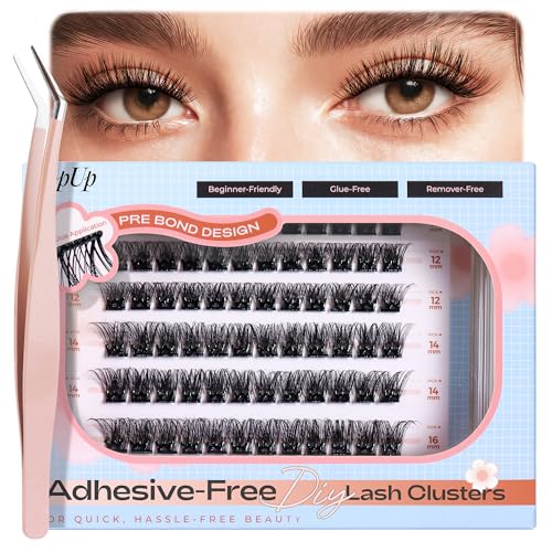 POPUP Self Adhesive Eyelashes 72Pcs D Curl Self Adhesive Lash Clusters Press on Lashes No Glue and Remover Needed Reusable Wispy Pre Glued Eyelashes with Tweezers for Beginners (ZN23)