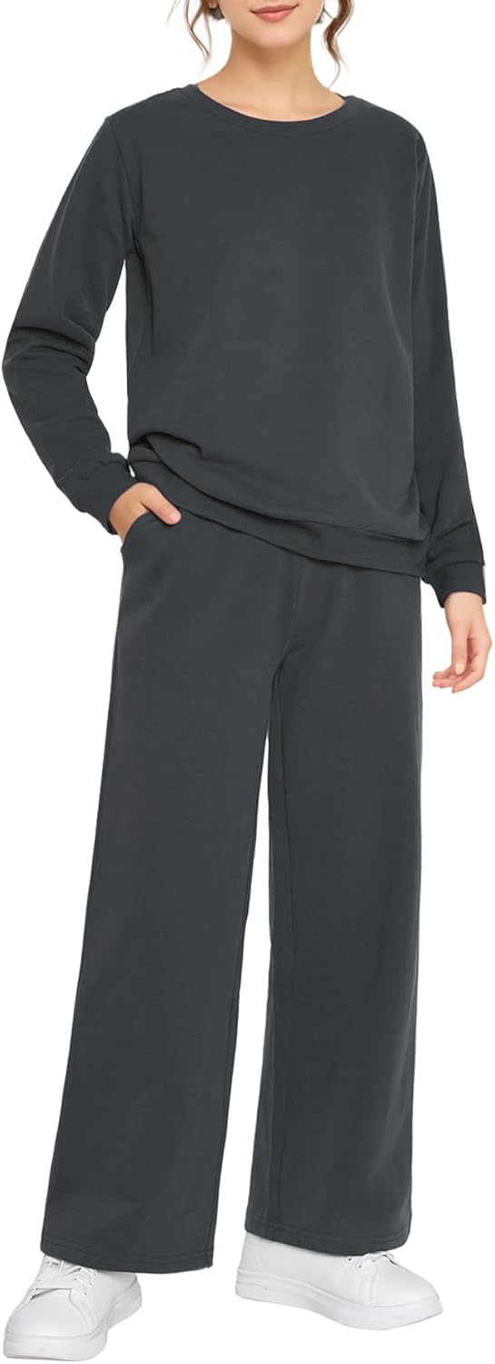 Weintee Women's Petite Sweatsuits Wide Leg Sweatpants and Sweatshirt Sets Jogging Suits