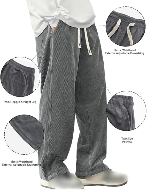 Mokaloha Corduroy Pants, Men's Pit Strip Corduroy Fabric Embroidery Logo Tether Loose Elastic Waist Pocket Pants3