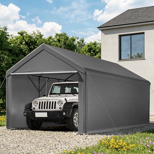 Carport, 10x20ft Heavy Duty Car Port, Portable Garage with Removable Sidewalls & Doors, Carports Canopy Car Shelter with Waterproof Tarp for Car Boat Truck Party (Grey, 10x20 with sidewalls)