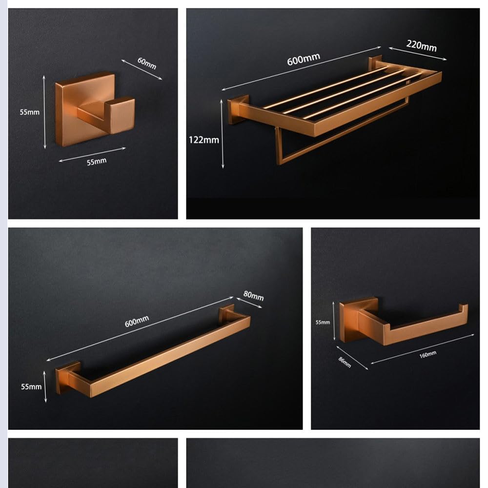 Juego de accesorios de baño de oro rosa cepillado, soporte cuadrado para papel higiénico, toallero, toallero, perchero de 40 cm, toallero de mano, decoración moderna de lujo para baño