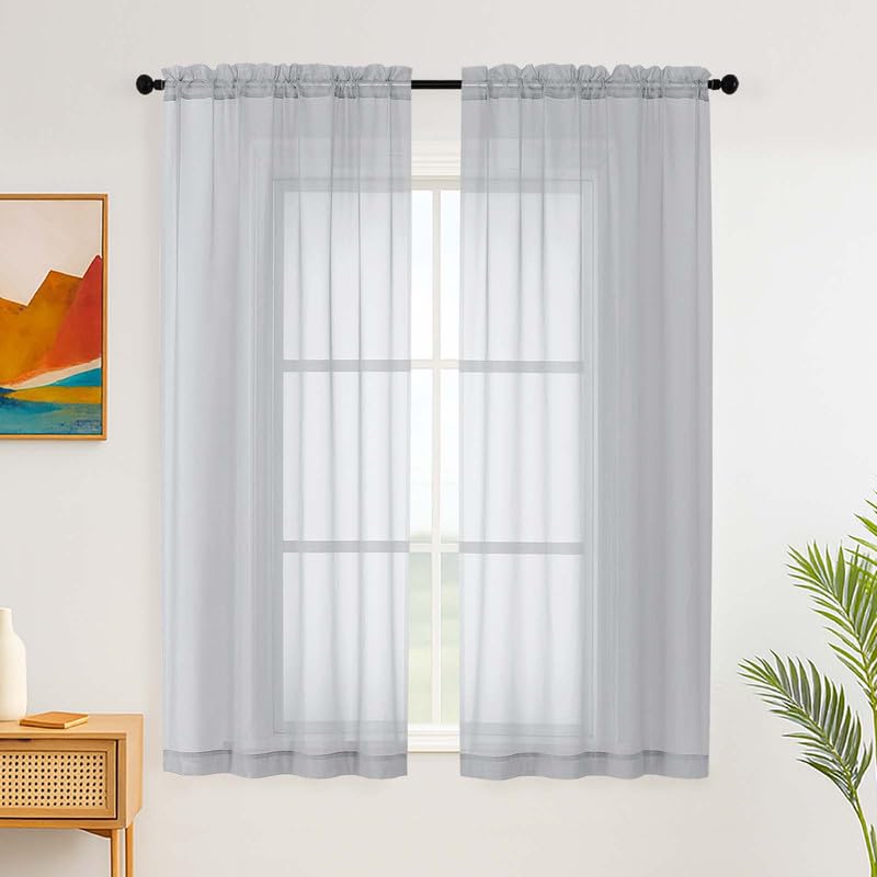 Simplebrand Sheer Light Grey Kitchen Curtains 163 cm Long 2 Panels, Rod Pocket Curtain Sheers for Bedroom, Elegant Light Filtering Voile Panels Drapes Small Window Treatments, 106cm x 163 cm