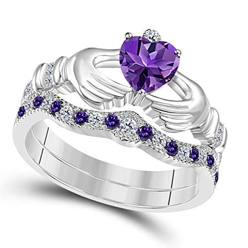 DS Jewels 14k Gold Plated Alloy Claddagh Bridal Set Ring 1.00 ctw Heart Cut CZ Amethyst & Cubic Zirconia Curved Wedding Band & Crown Engagement Ring Size 4 to 11