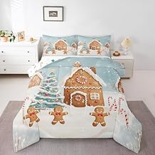 Erosebridal Cute Christmas Gingerbread Man Twin Down Comforter for Kids Boys Girls,Xmas Tree Cabin Bedding Set Holiday Candy Cane Winter Snowflake Comforter Set New Year Glitter Stars Bed Set