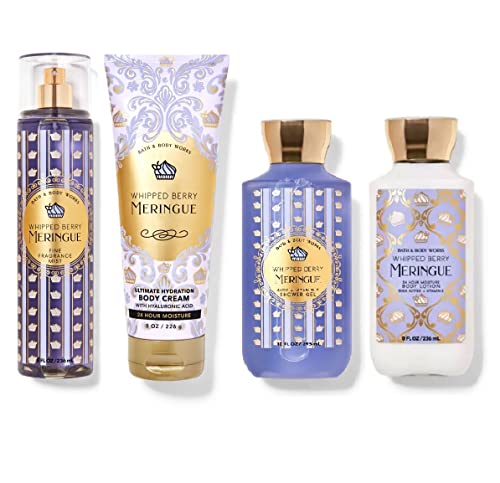 Bath and Body Works Whipped Berry Meringue Full Size Set of 4 - Includes Fine Fragrance Mist, Shower Gel, Body Lotion and Body Cream