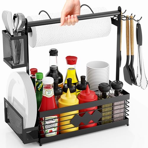 Grill Caddy for Outdoor Grill BBQ Caddy with Camping Paper Towel Holder and Plate Holder Picnic Utensil Condiment Kitchen Organizer for Camper RV Patio Tailgate Essentials Grilling Gifts for Men