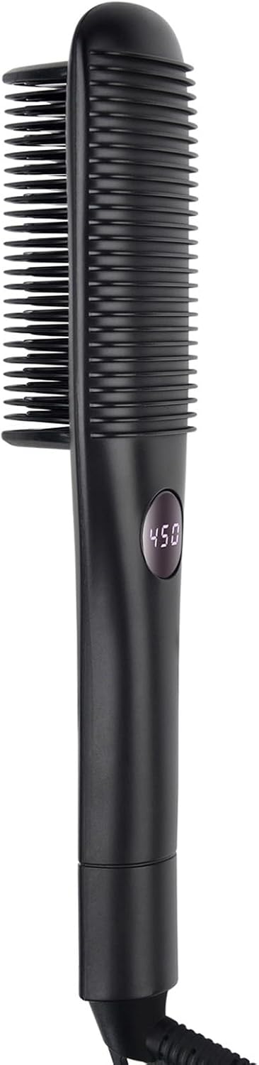 Hair Straightener Brush,Ionic Hot Comb for Women with 20s Fast Heating, Anti-Scald & Dual Voltage,Straightening Brush for Curly & Frizzy Hair (Black, Medium)