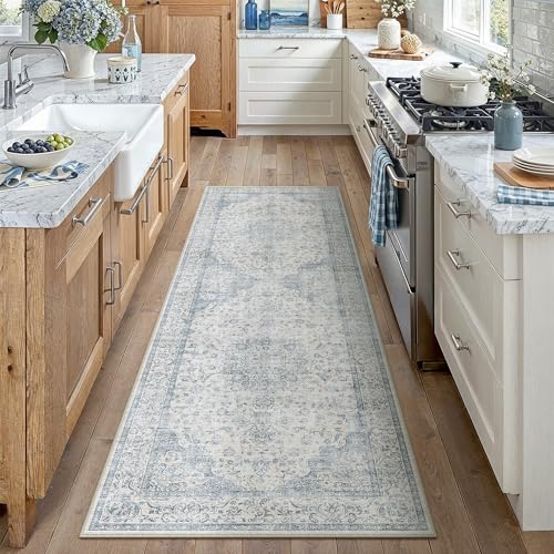 2x6 Runner Rug Washable Neutral Blue Vintage Hallway Kitchen Carpet Non Slip Low Pile Soft Floral Indoor Long Throw Rug for Bedroom Bathroom Laundry Living Room 2' x 6' (Rectangular) Vintage