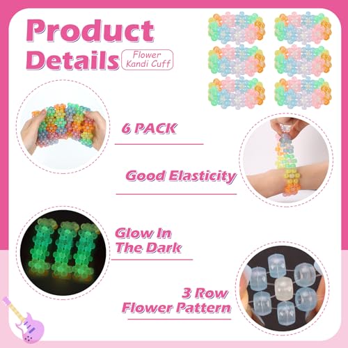Flower Rave Kandi Bracelets Stretch Rave Candy Bracelets Multi Color Beaded Flower Kandi Cuff Rave Accessories Jewelry Music Party Favor for Women Friends EDM Party Music Festival3